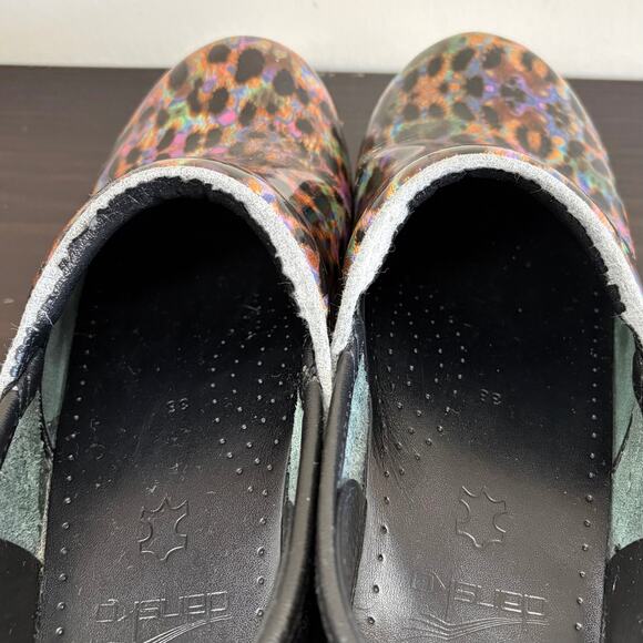 Dansko Slip On Clogs Sz 38 Petrol Patent Leopard Print Nurse Shoes Colorful Fun - Picture 8 of 10